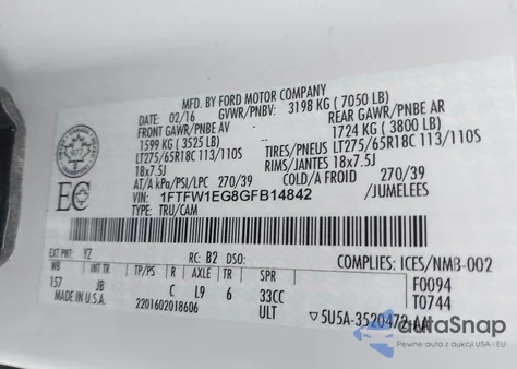 2016 Ford F-150 Xlt z USA, uszkodzony, nr VIN 1FTFW1EG8GFB14842